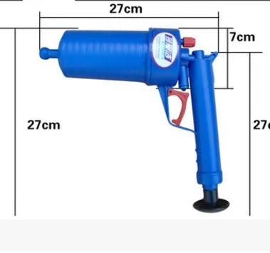 Plastic drain blaster gun with four adaptor suckers for clearing blockages in sinks and toilets, measuring 28 cm by 27.5 cm