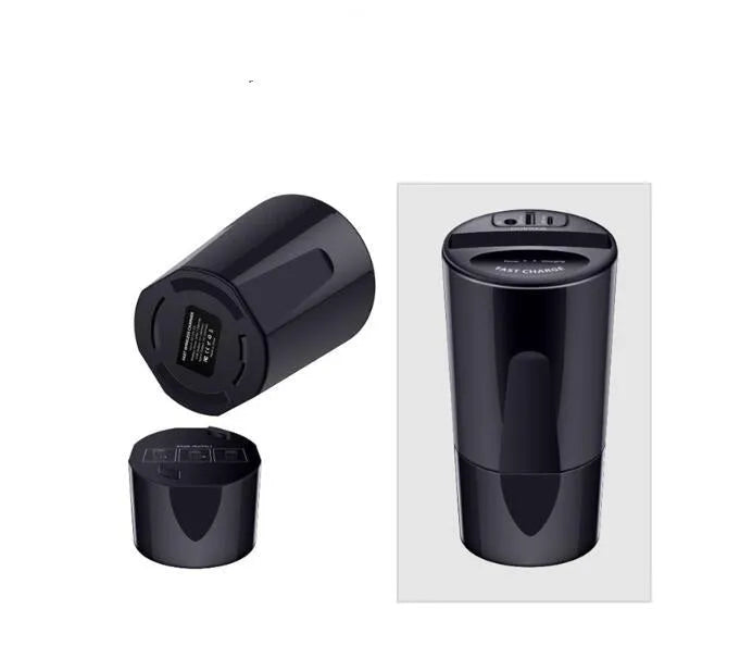 Black X9 car wireless charging cup and mount on a car dashboard with charging indicator light on.