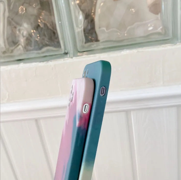 Silicone iPhone case with oil painting gradient geometry pattern in blue, green, pink, or purple