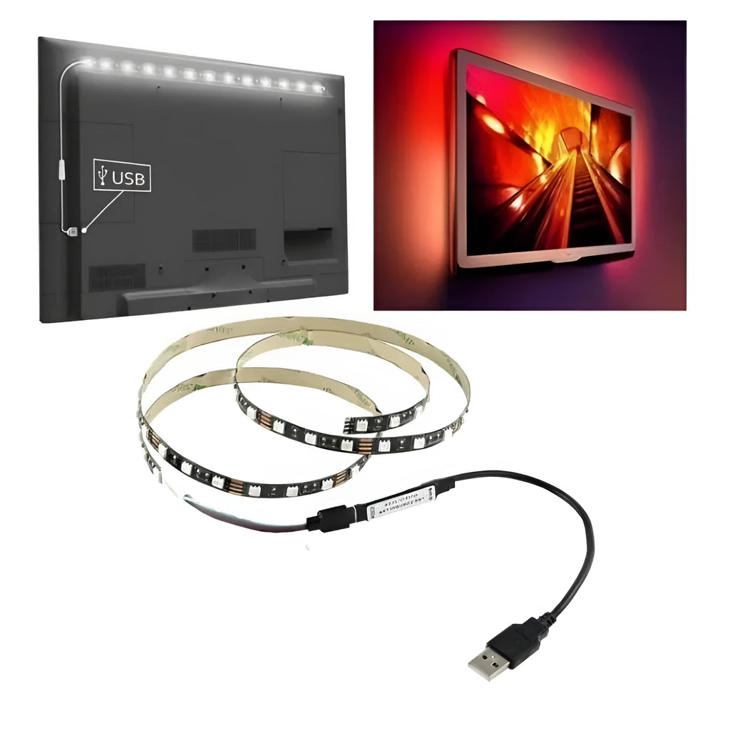 Close-up of a flexible white USB LED light strip with SMD5050 chips and a USB plug.
