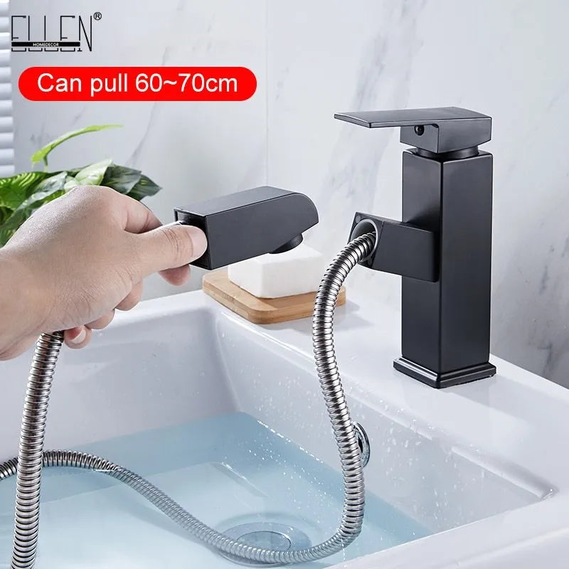 Brass square pull faucet with brushed gold finish for basin, showing high and low spout style options.