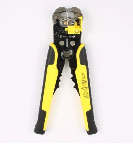 Yellow automatic wire stripper crimping pliers with alloy steel jaws for 10-24 AWG wires and adjustable screw