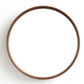 Round walnut-coloured solid wood hanging mirror with 30cm diameter and silvered glass