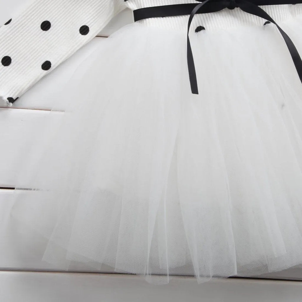 Baby girls long sleeve tutu lace dress with lace detailing, available in black, pink, white for ages 3-8 years