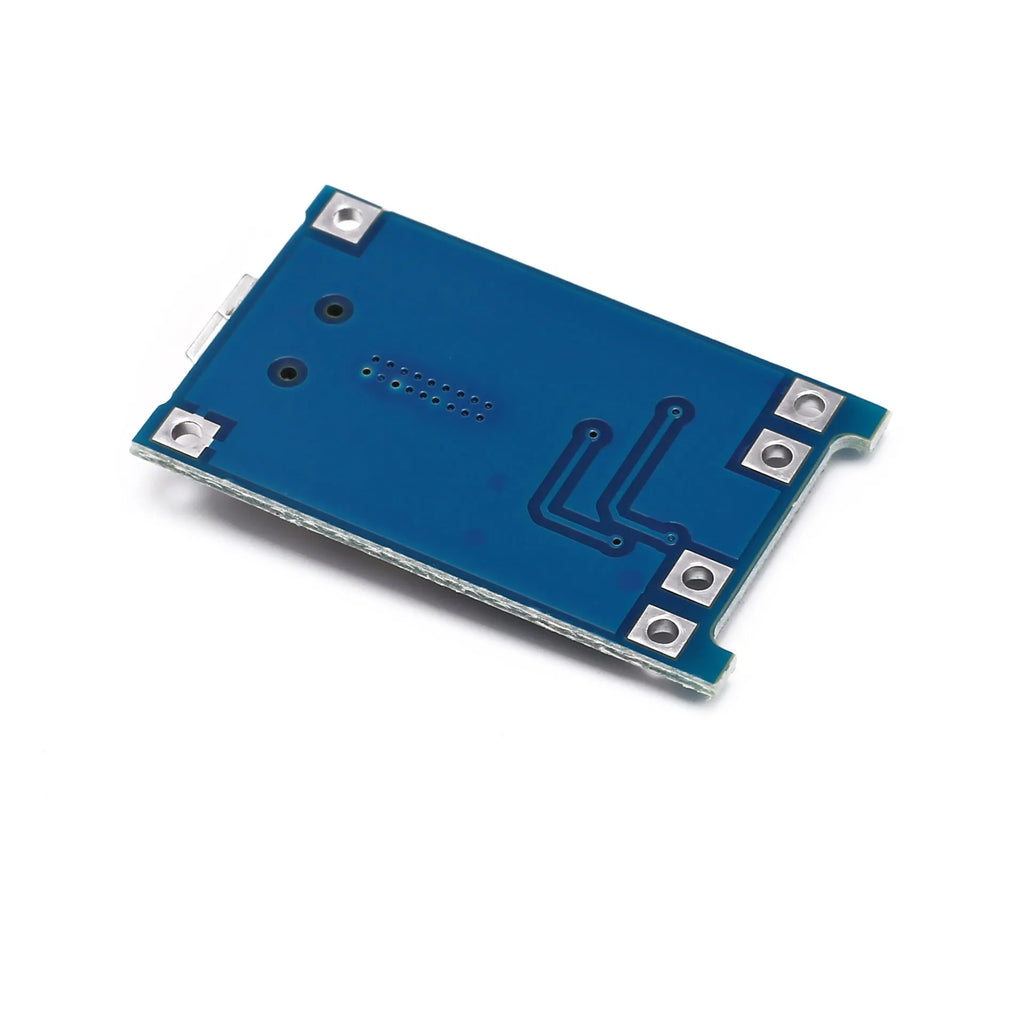 Blue lithium battery charging and protection integrated circuit board measuring 2.6cm by 1.7cm