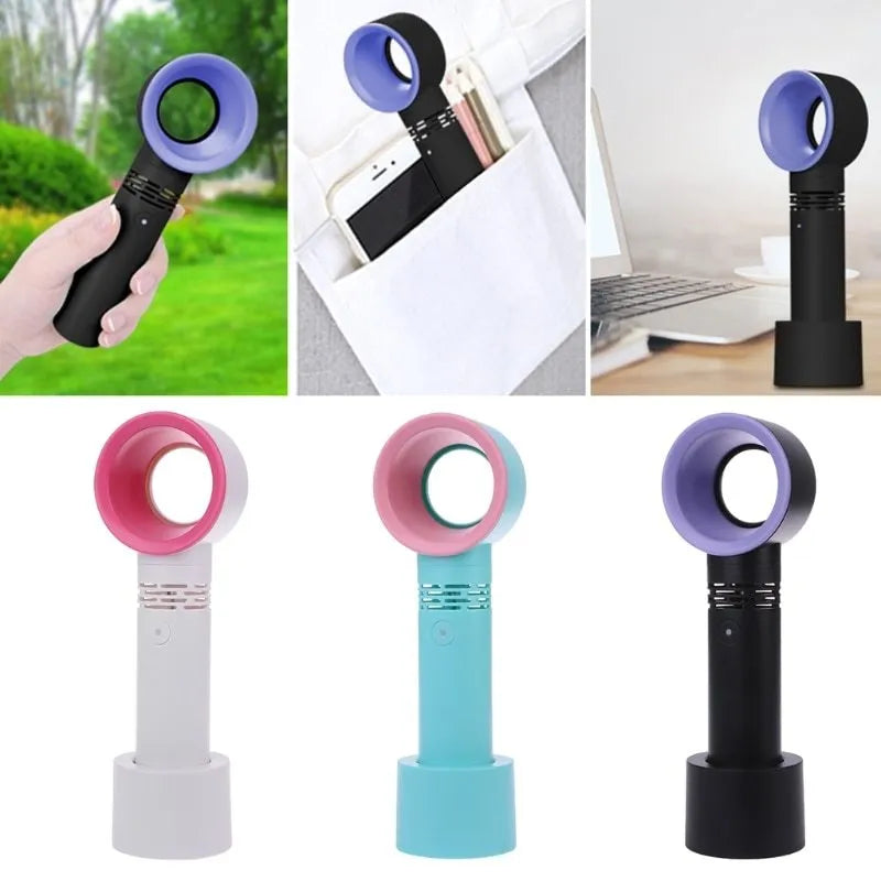 Portable bladeless fan in choice of colours with USB cable and base, showing no visible blades.