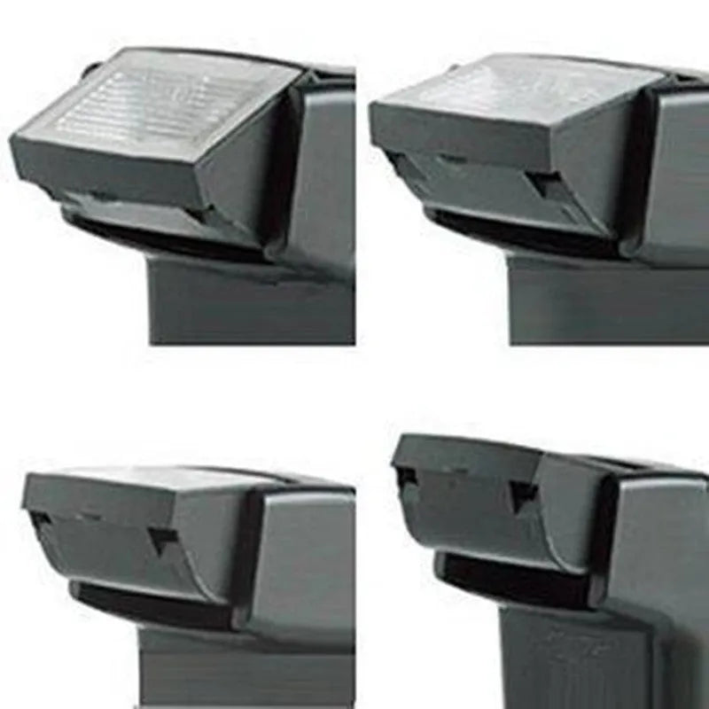 Compact silver SLR camera flash with tilted head mounted on a camera hot shoe