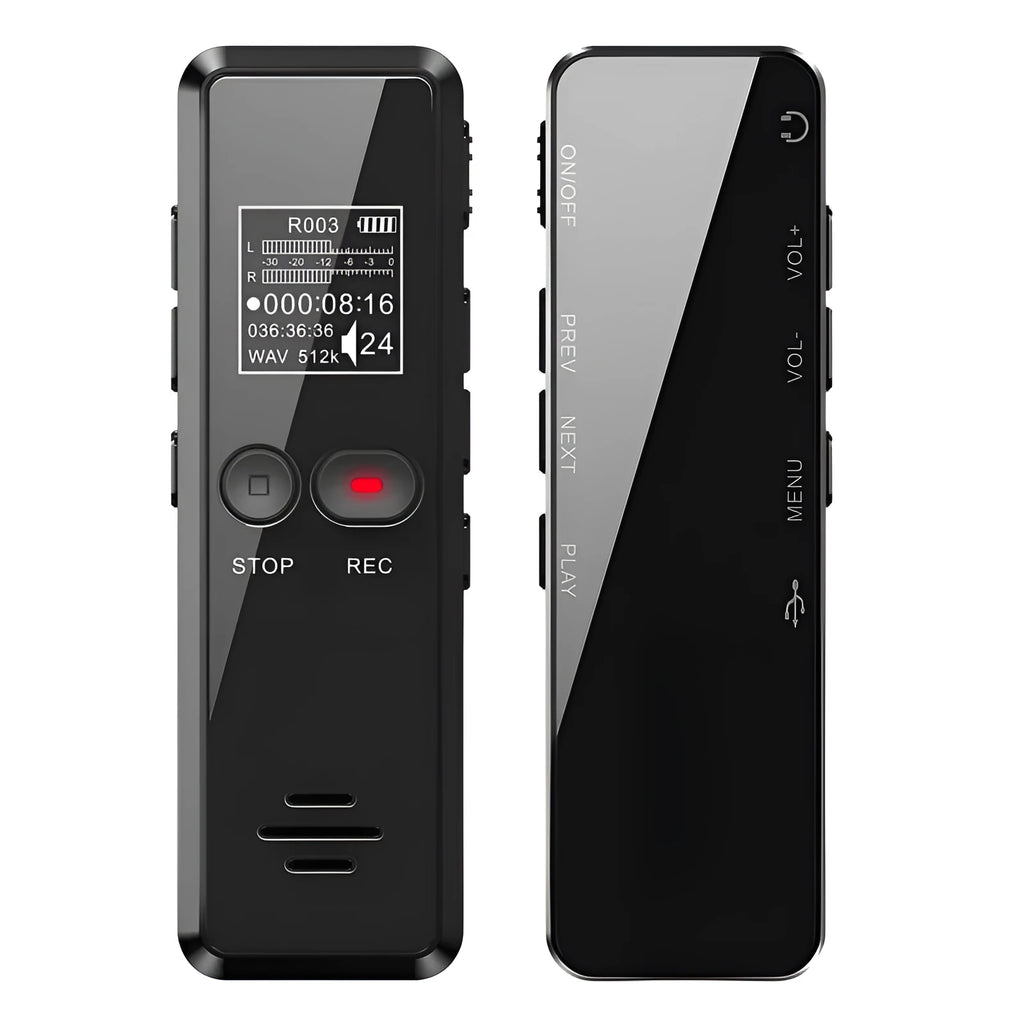 Black zinc alloy USB flash drive voice recorder and MP3 player shown next to its USB cable.