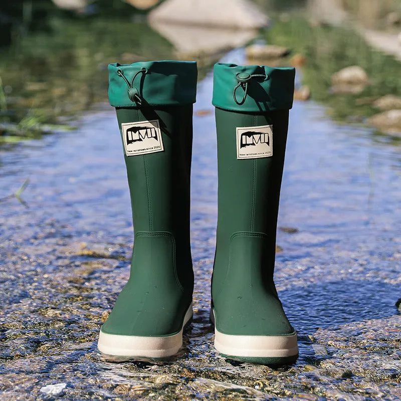 PVC platform high tube waterproof rain boots in beige colour with non-slip sole