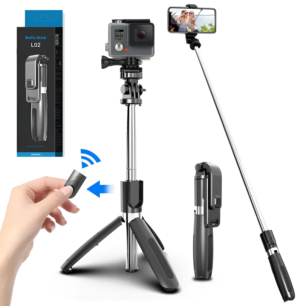 Black Bluetooth selfie stick extended to full length with phone attached, next to its wireless remote and tripod base.
