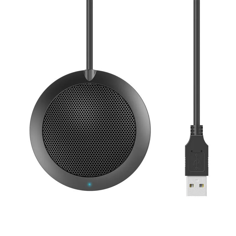 Black USB conference microphone with metal mesh cover and 70mm diameter