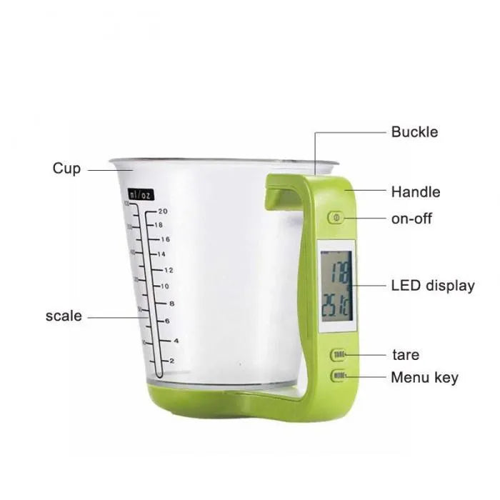 Green electronic scale measuring cup with integrated LCD display showing weight and temperature readings