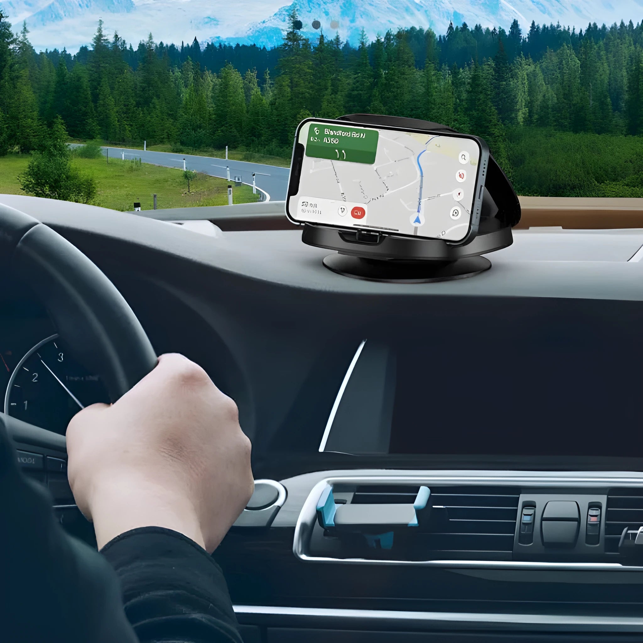 Black rotating suction cup car navigator bracket holding a smartphone on a car windscreen.