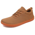 Men's black Flyknit walking shoes with wide round toe and flat wedge heel on a non-slip rubber sole.
