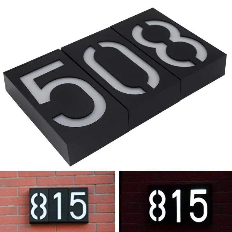 Solar-powered house number light with 6 LED lights, IP65 waterproof rating, and wall-mounting design