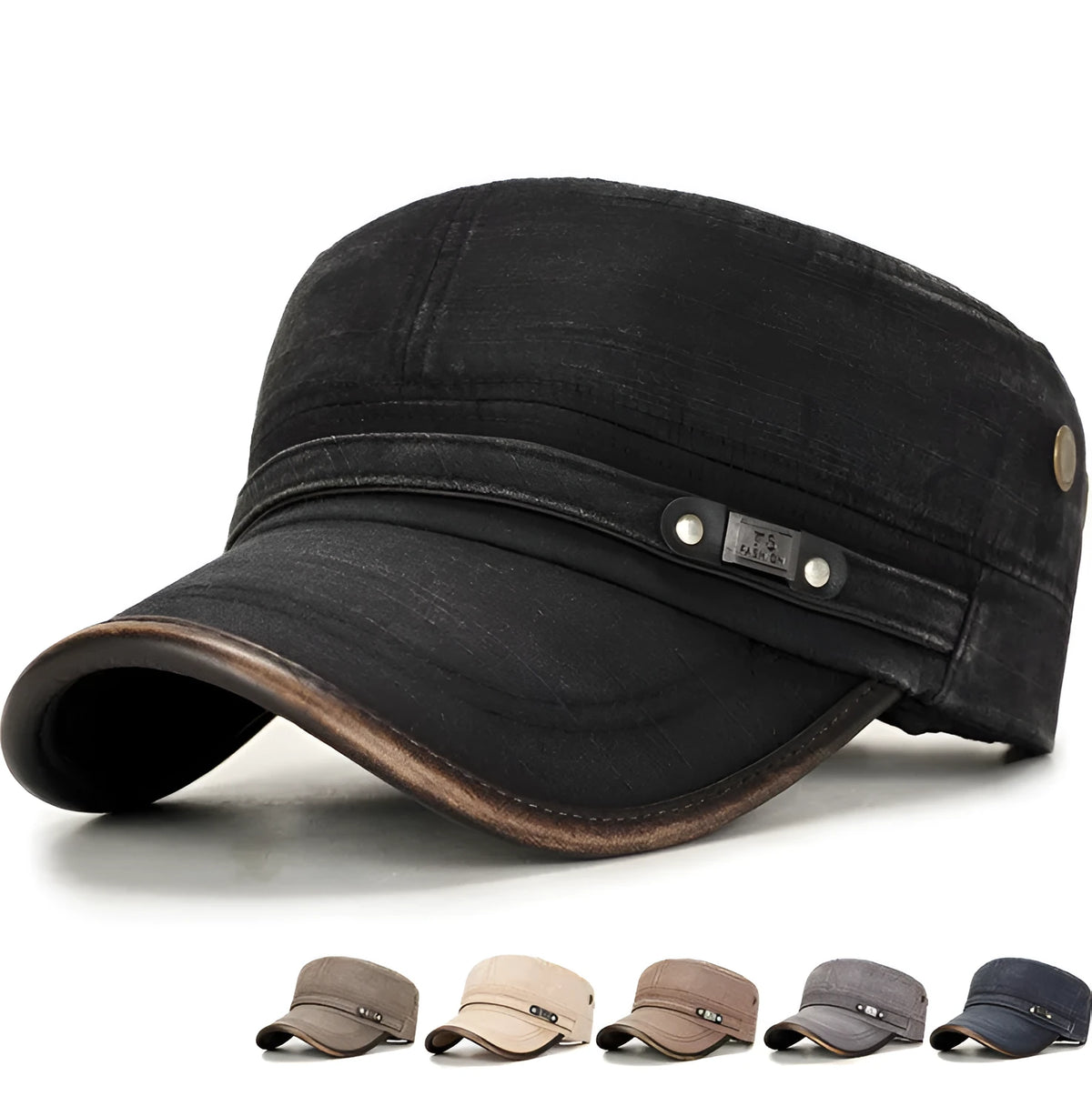 Malecap cotton flat cap with tie-dye letter pattern, short brim, adjustable size, in black, blue, brown, grey or khaki