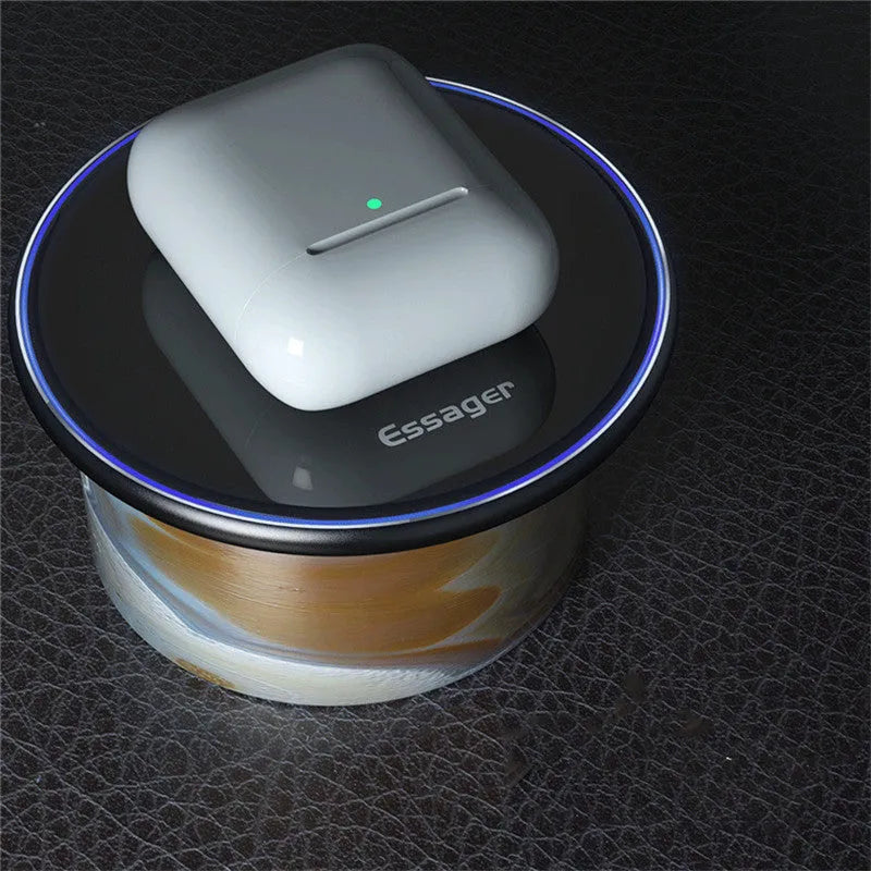Black or white wireless charging pad with aluminium alloy surface and LED light, measuring 10.1cm by 7cm