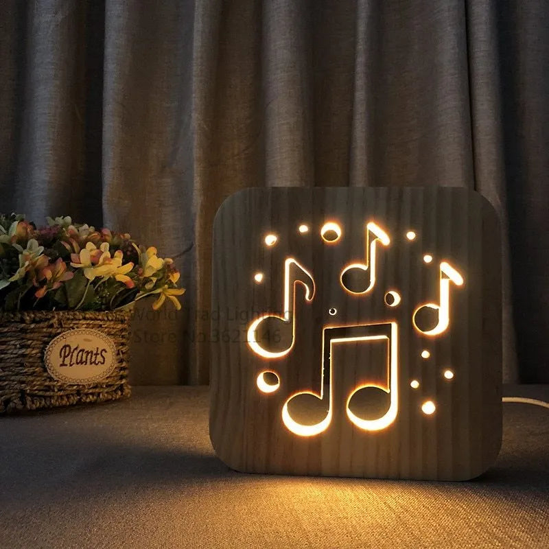 3D wooden LED atmosphere lamp with warm white light, measuring 19cm, USB-powered for ambient lighting.