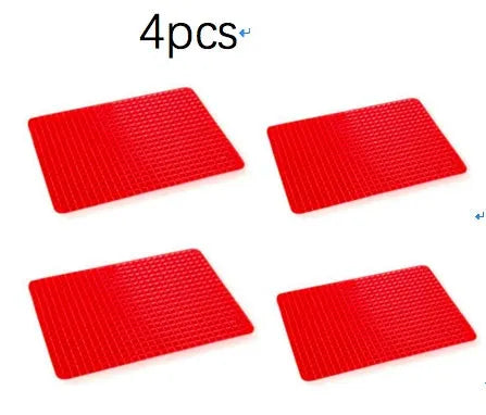 Red silicone pyramid cooking mat with grid pattern for oven and BBQ use