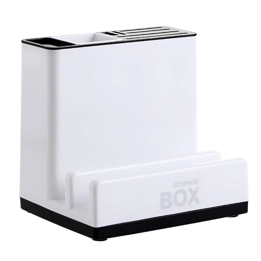 White plastic kitchen knife storage rack with integrated shelf for desktop organisation