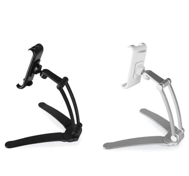 Aluminium alloy desktop tablet stand with adjustable clips and 360-degree rotation for tablets up to 10.5 inches