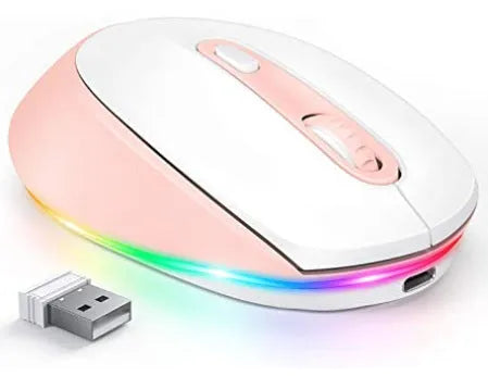 24g wireless mouse with ergonomic design showing seven colour options and USB charging cable