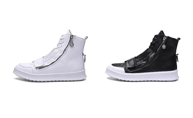 PU leather men's winter ankle boots with microfiber upper in black and white, high-top sneaker style