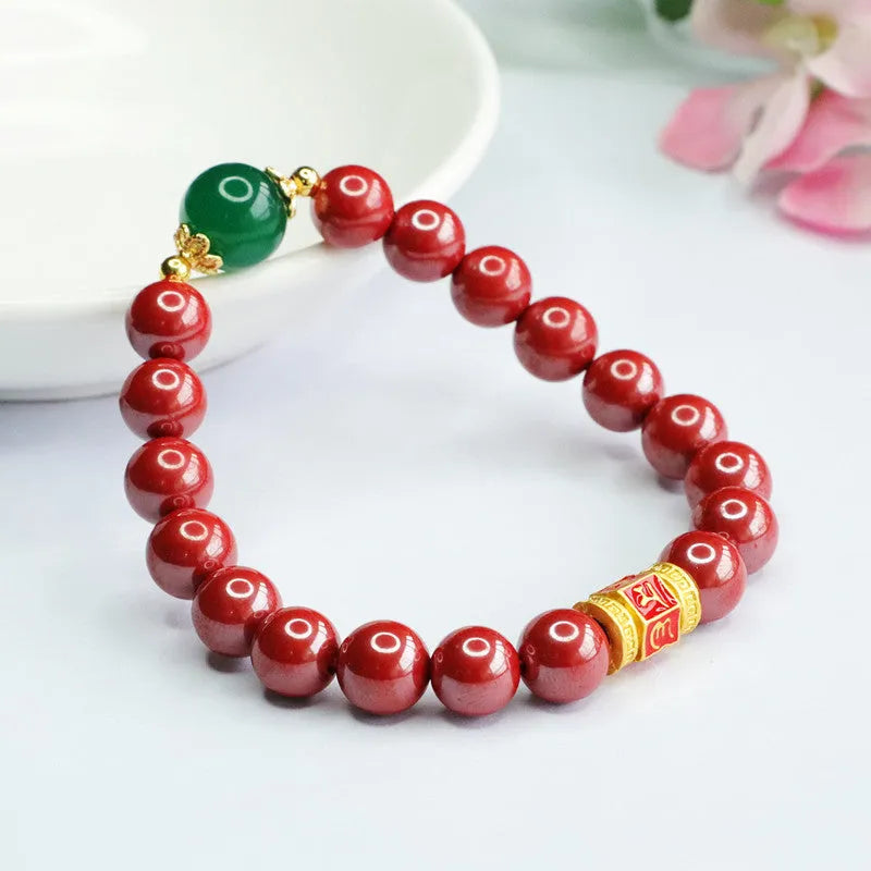 Emperor Sandstone coloured cinnabar bracelet with six engraved Chinese characters on 8mm beads.