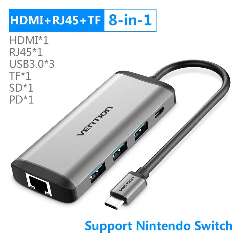 Grey Type-C converter with HDMI, three USB ports, Ethernet, and memory card slots showing 101.4mm size