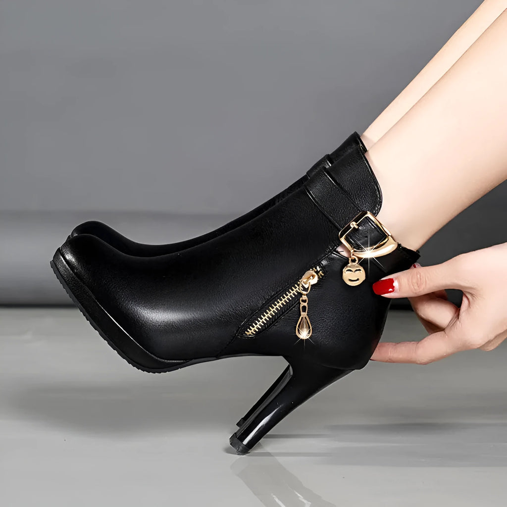 Black women's pointed toe high heel boots with 6-8cm fine heel, artificial PU upper and rubber sole