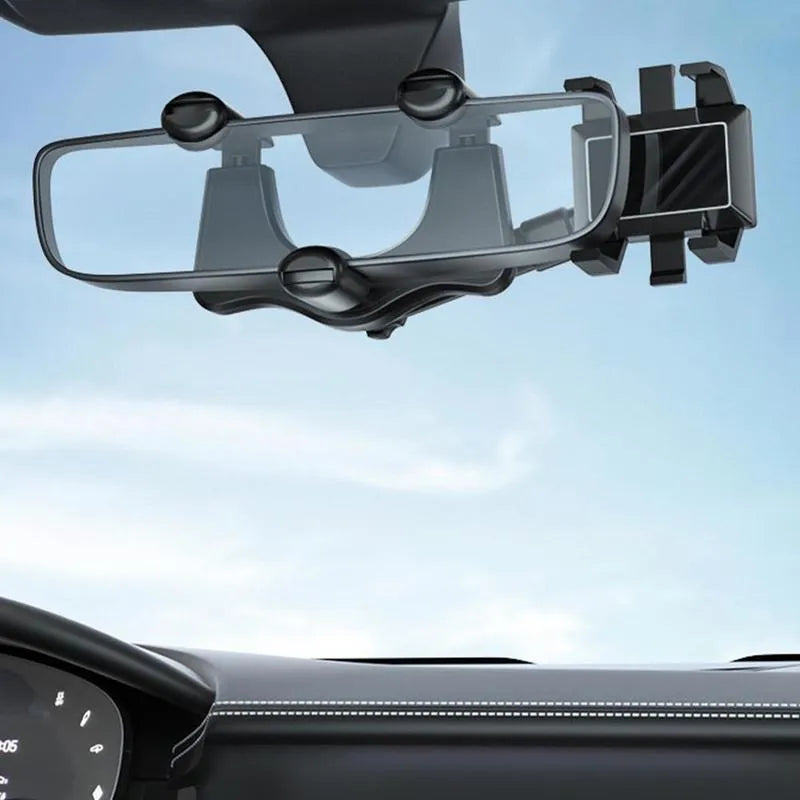 Black rearview mirror phone holder mounted on car mirror with phone in landscape orientation
