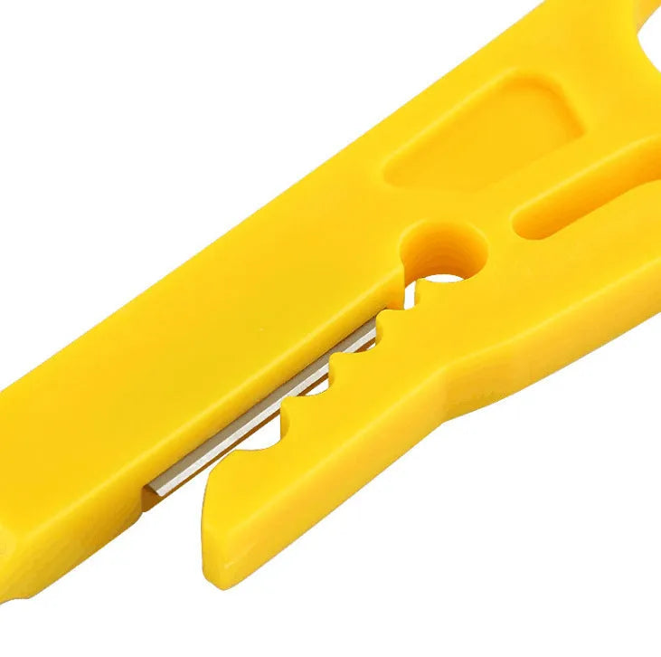 Yellowish rubber wire stripper tool for 0.6mm diameter wires with snap-in metal mechanism