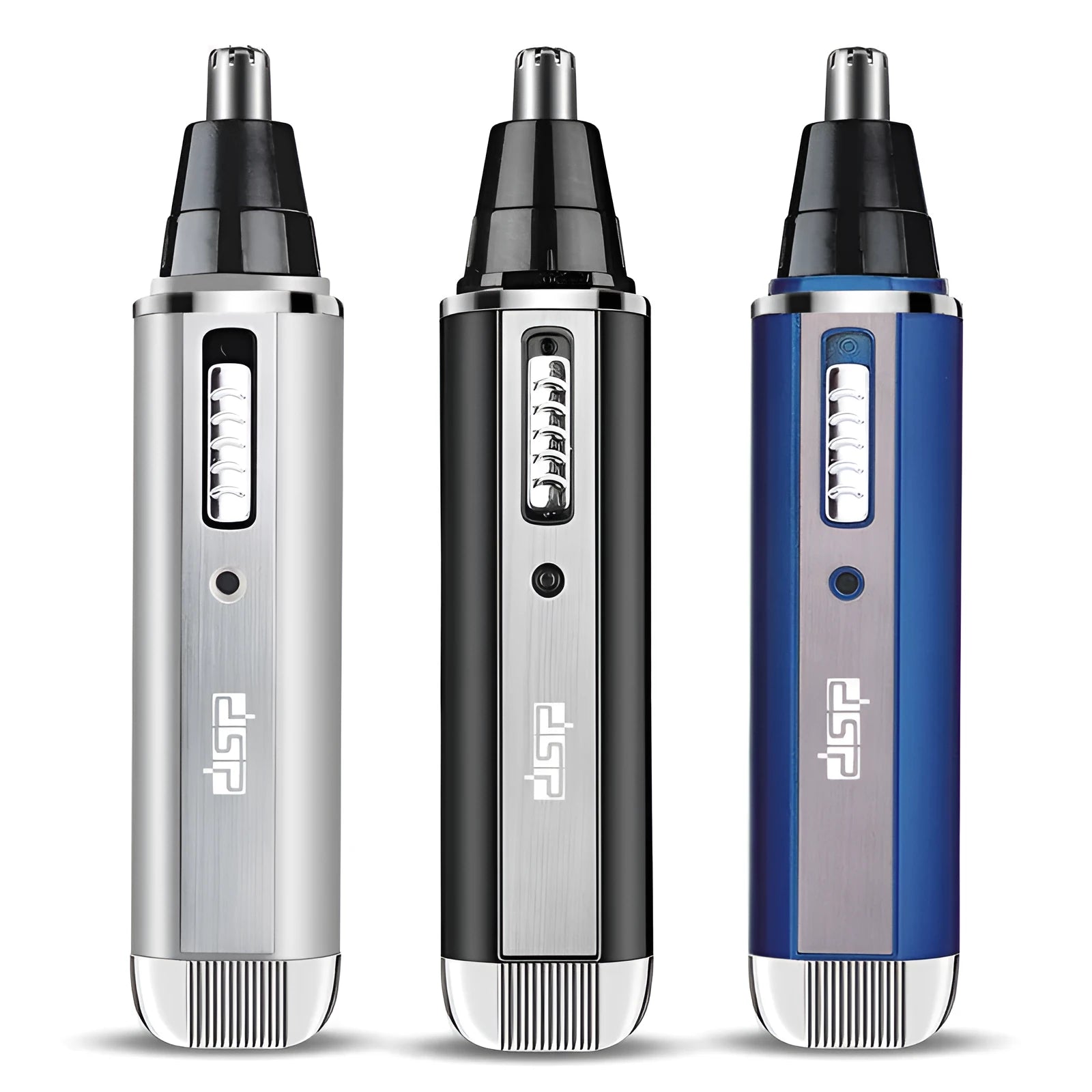 Blue, black, and silver ABS electric shaver for facial grooming and nose hair trimming
