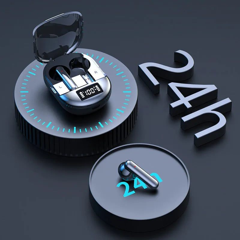 Black wireless Bluetooth in-ear headset with digital display screen and compact charging case