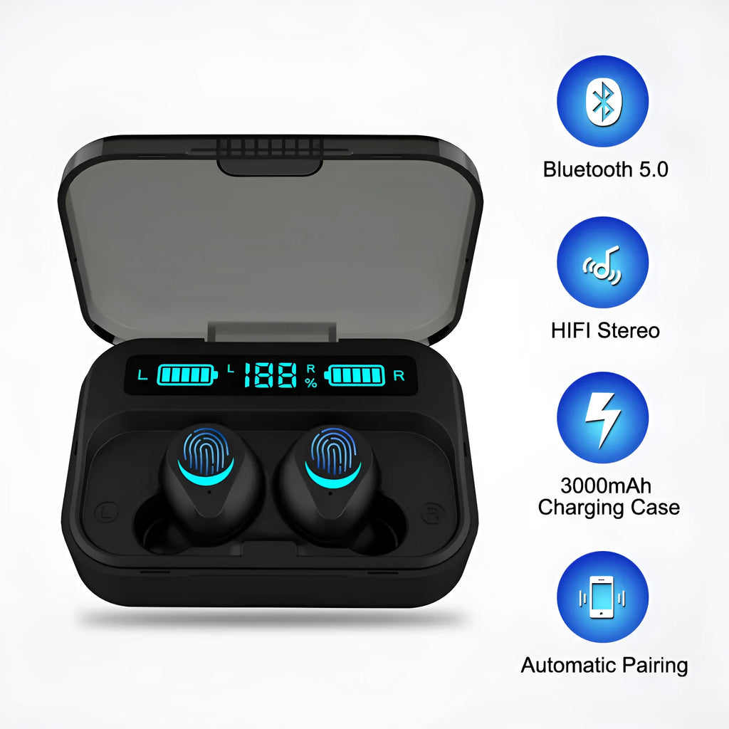 Black TWS Bluetooth wireless headset with earbuds for music and calls.