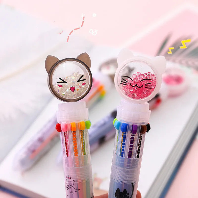 Cute cat design ten-colour push-type student pen with 0.5mm nib and 15cm length