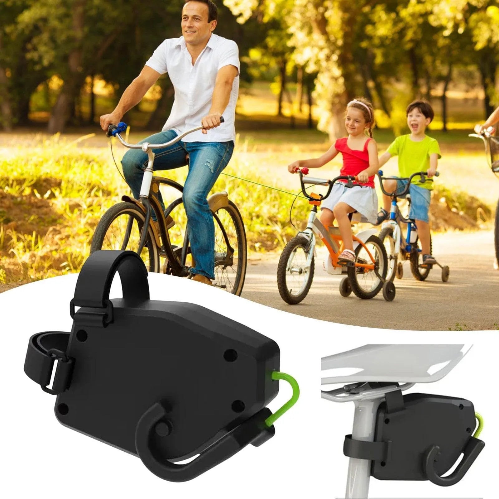 Black plastic bicycle trailer rope measuring 1.5 metres for attaching child trailers