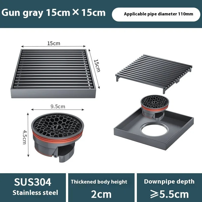 304 stainless steel courtyard deodorant floor drain with gun grey finish and 15x15 cm ABS plastic core