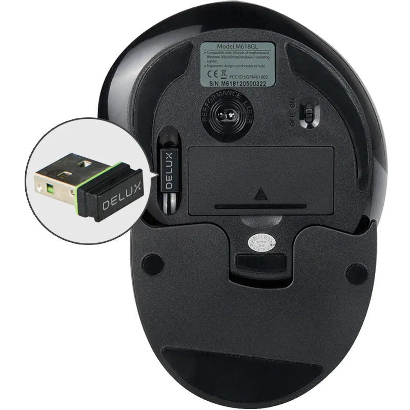 M 618 wireless vertical mouse in black showing 57-degree angle design with three buttons and scroll wheel