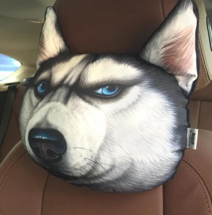 Handmade oblong car headrest pillow with printed cartoon cat design, polyester cotton cover, and PP cotton filling.