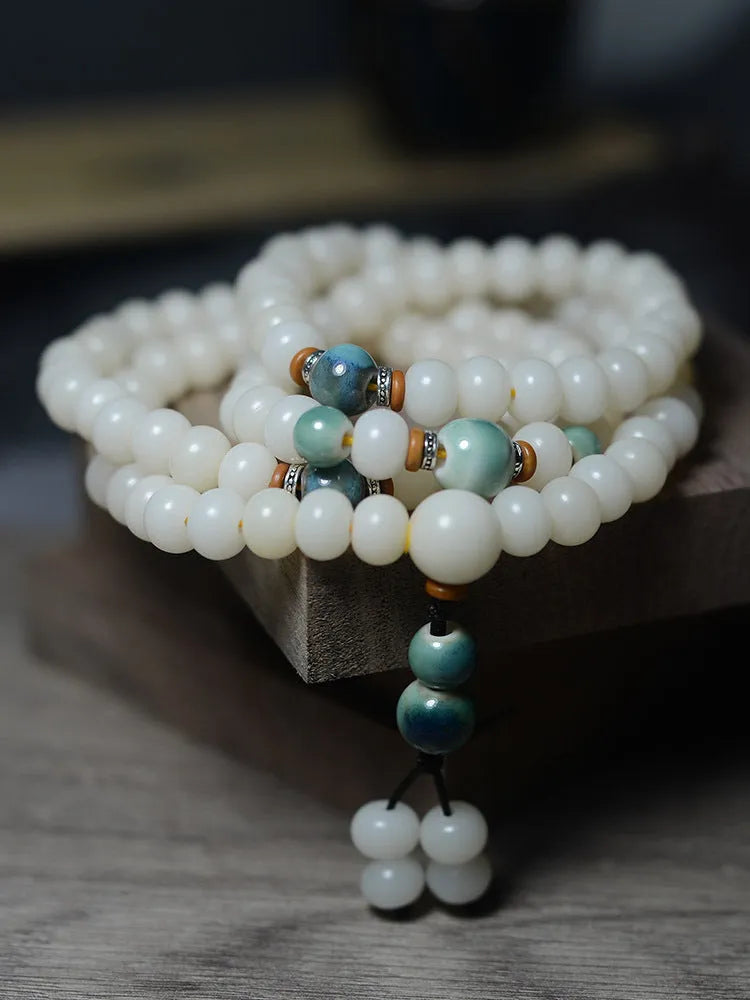 White jade Bodhi seed bracelet with 108 flat round beads in two size options