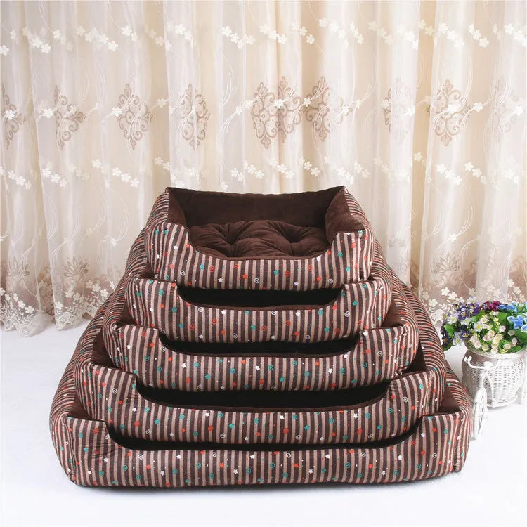 Washable cloth pet bed with cushioned sides shown in a striped colour option.