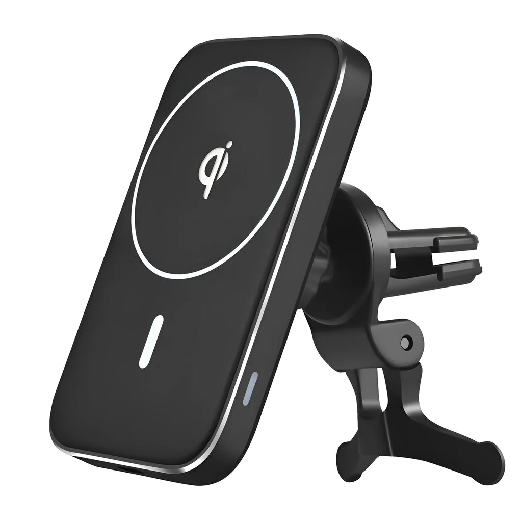 M6 magnetic wireless car charger mounted on vehicle air vent with phone attached