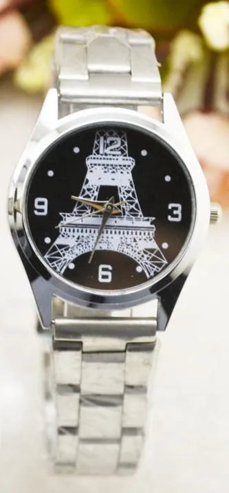 Eiffel Tower wrist watch with metal case and brown leather strap