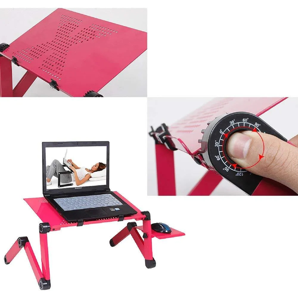 Adjustable folding laptop table stand in black with mouse panel, 42 x 26 cm surface, and built-in USB fan