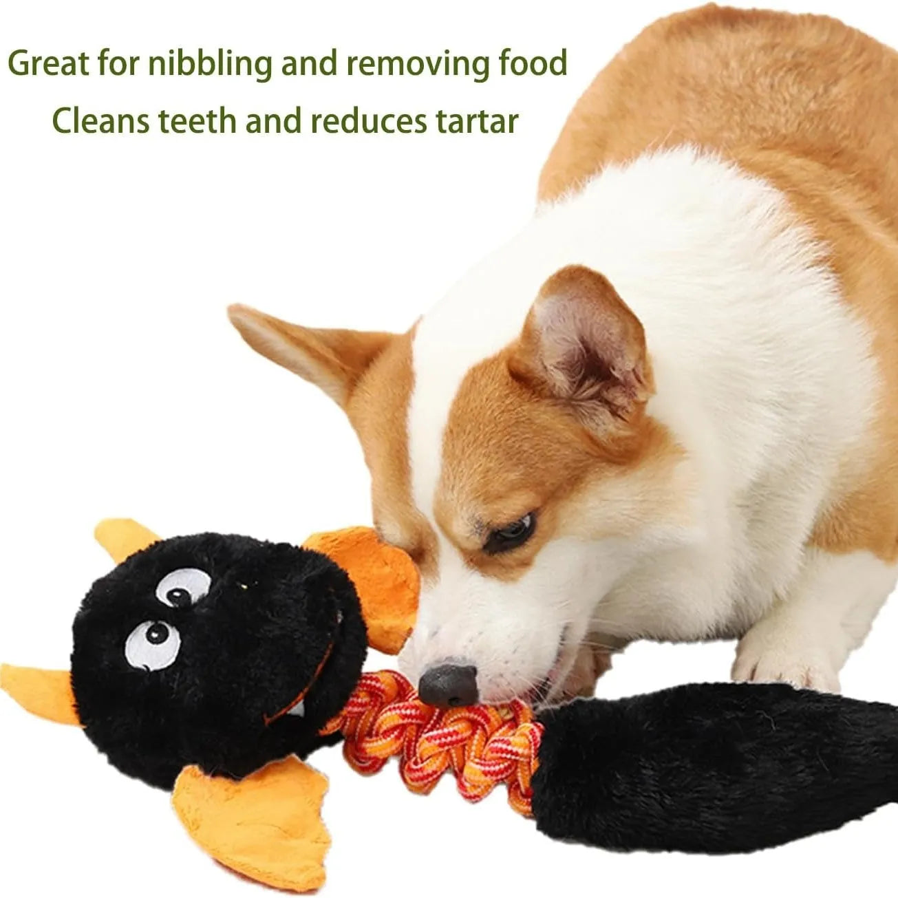 Plush dog toy with squeaker and rattling sounds, 44cm by 19cm, in black, green, or red, made from upgraded rabbit fleece