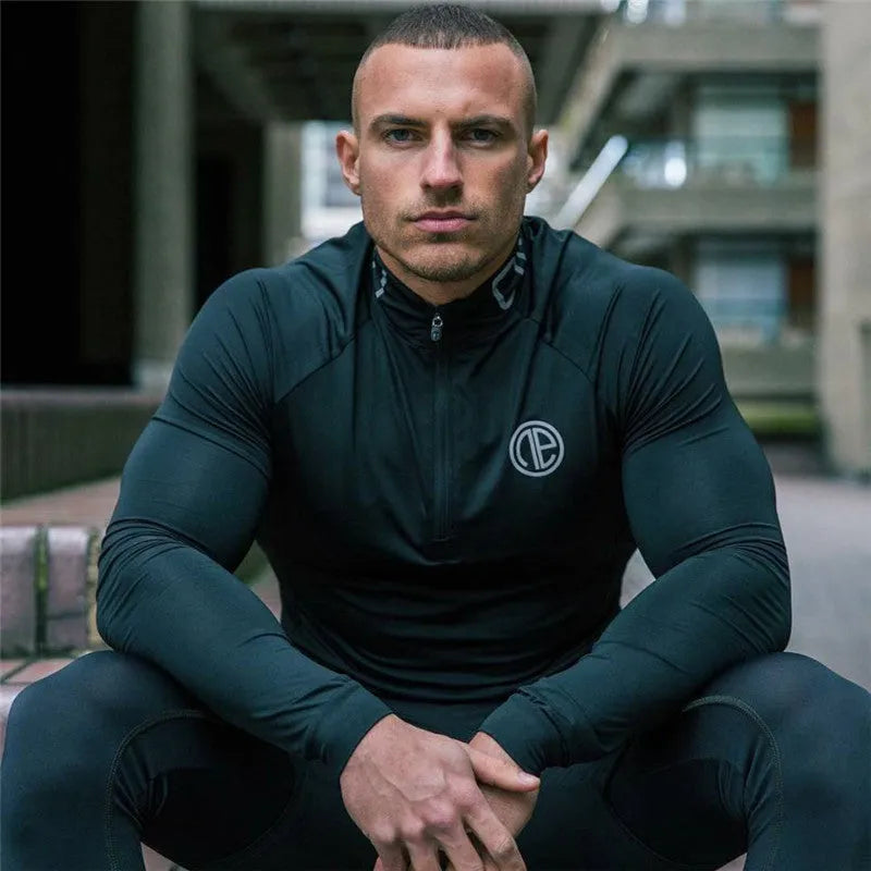 Men's autumn stretch fitness clothing in black or dark green, 90% acetate technical fabric, sizes M to XXXL.