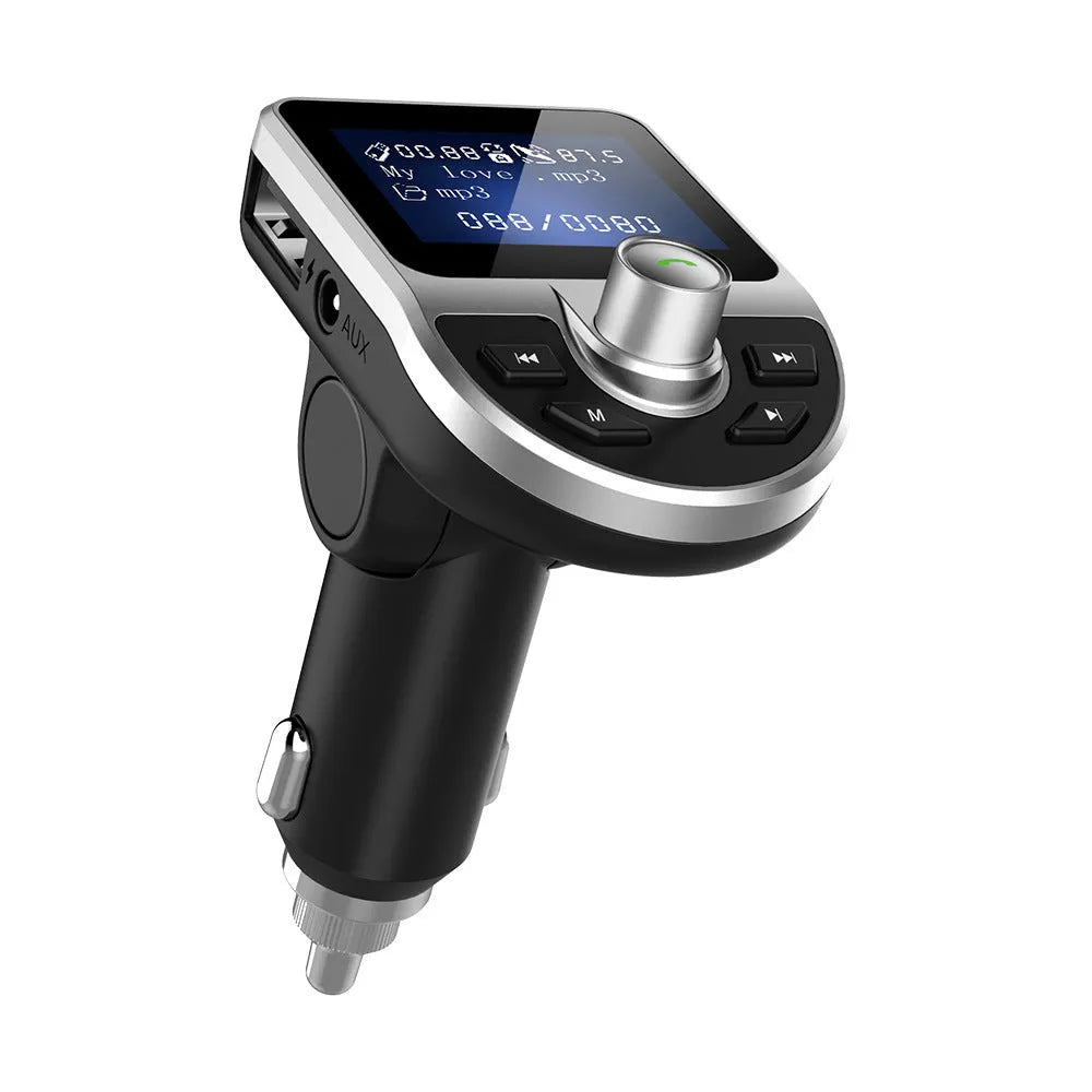 Black Bluetooth 5.0 FM transmitter car MP3 player with USB charger, digital display, and hands-free calling.