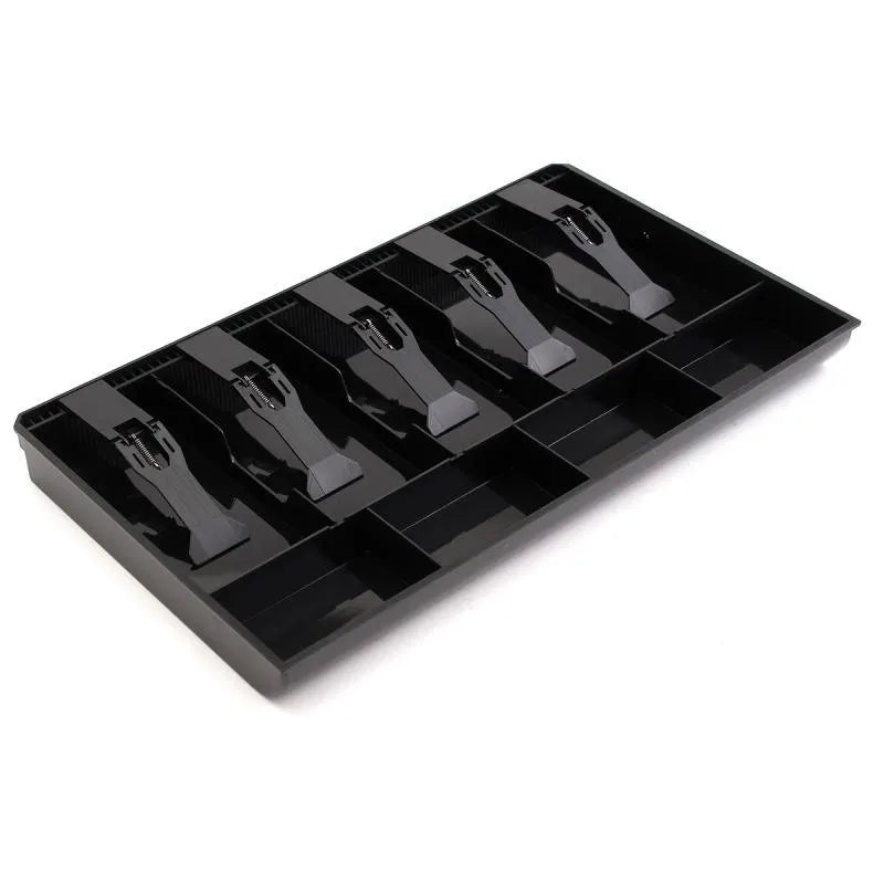 Black ABS plastic five drawer cash register cash box with compartments for notes and coins