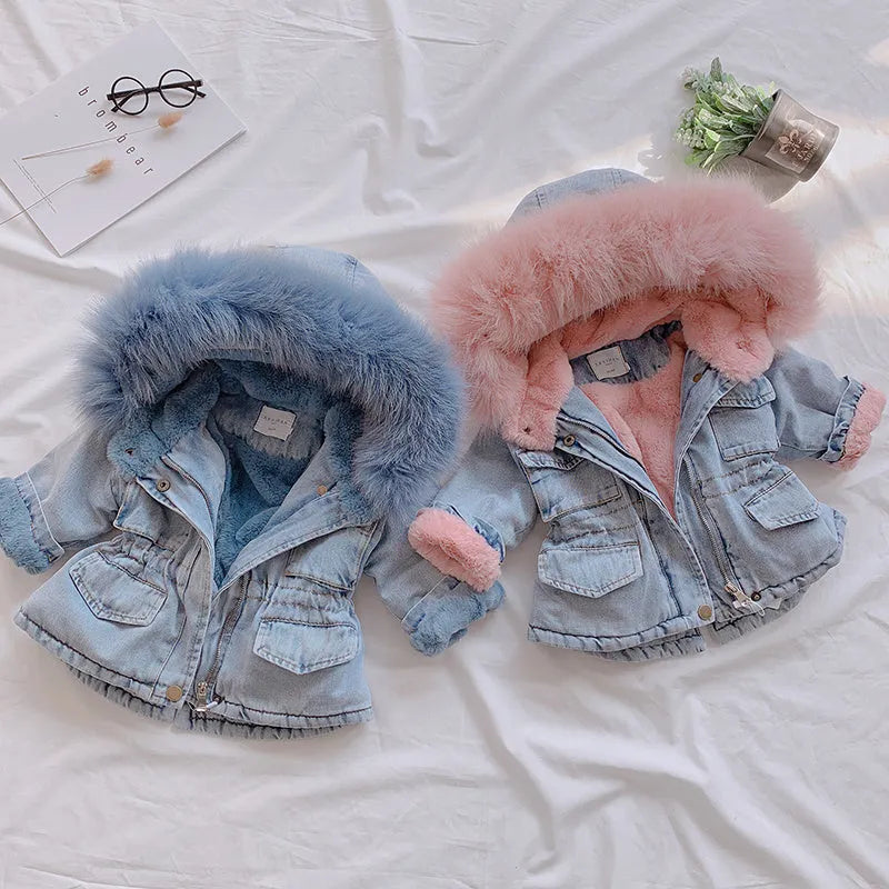 Girls blue denim coat with attached hat and velvet lining for winter wear